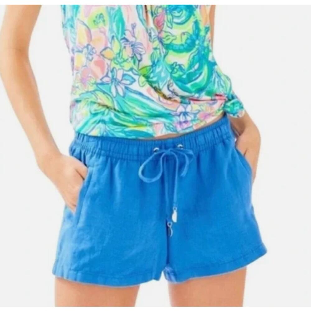 Lilly Pulitzer Linen Baybreeze Pull On Shorts Elastic Waist Blue Womens Size M
